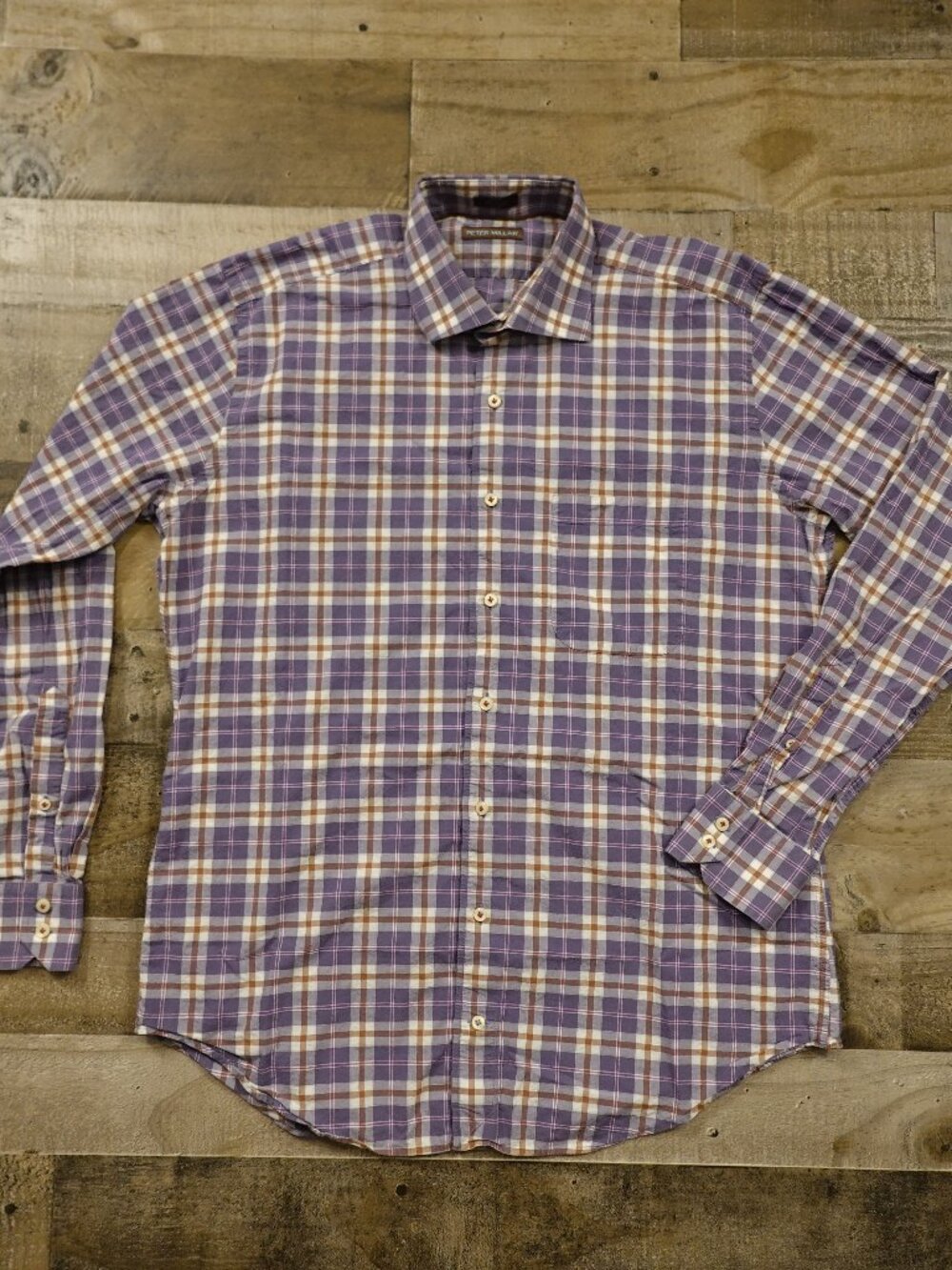 Peter Millar Plaid Button Down Shirt Men’s Large Purple Brown Cotton Classic